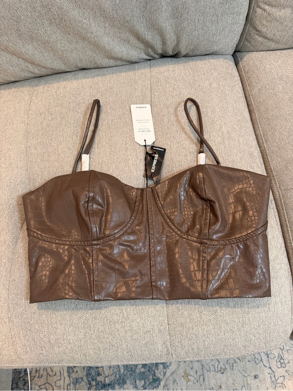 NWT Express Brown Faux-Leather Croc-Embossed Cropped Bustier Top